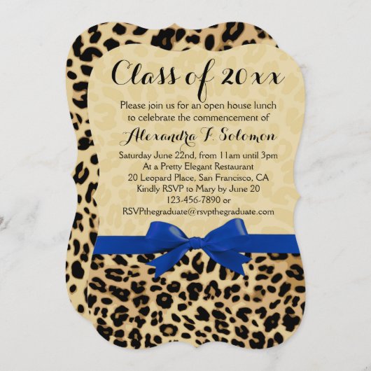 Leopard Blue Bow Abschluss/Party Einladung (Vorne/Hinten)