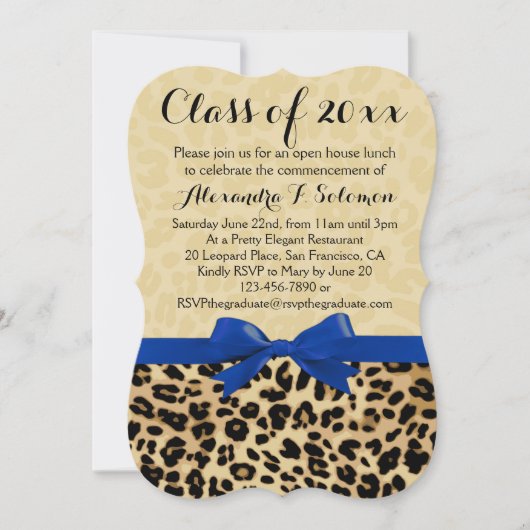 Leopard Blue Bow Abschluss/Party Einladung (Vorderseite)
