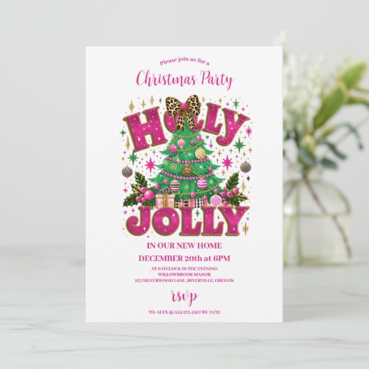 Leopard Bow Holly Jolly Celebration Einladung (Stehend Vorderseite)