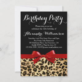 Leopard Bright Red Bow Girl's Birthday Party Einladung