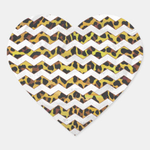 Leopard Brown and Yellow Cevron Print Herz-Aufkleber
