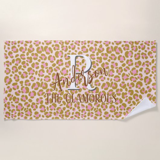 Leopard Brown Pink Beige Personalisiert Strandtuch (Vorderseite)