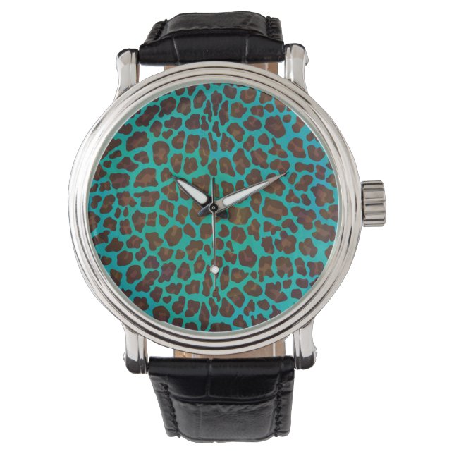 Leopard Brown und Aquamarin Print Armbanduhr (Vorderseite)