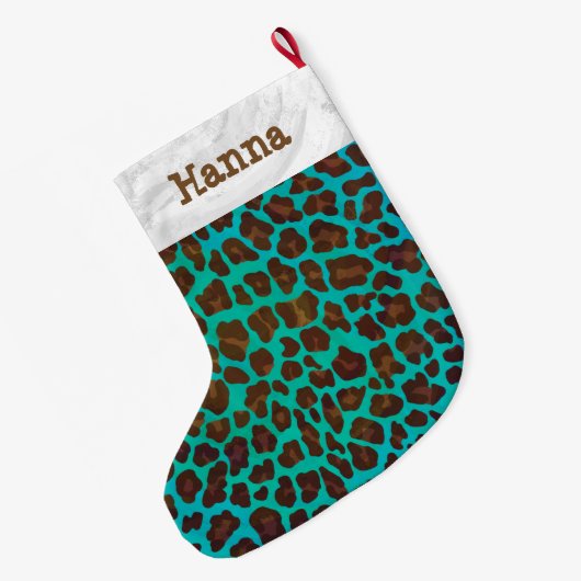 Leopard Brown und Aquamarin Print Großer Weihnachtsstrumpf (Rückseite (Hängend))