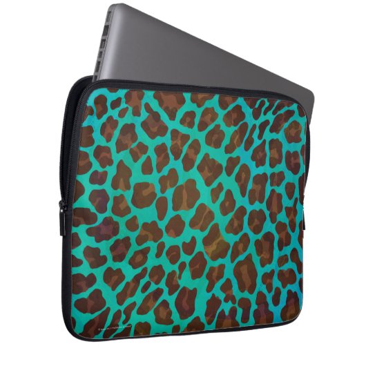 Leopard Brown und Aquamarin Print Laptopschutzhülle (Vorne Rechts)