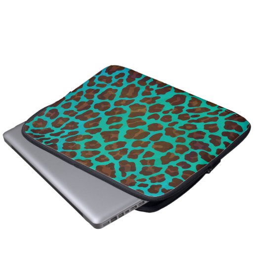 Leopard Brown und Aquamarin Print Laptopschutzhülle (Vorne Knopf)