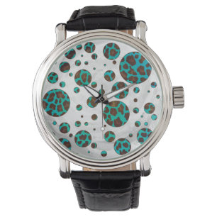 Leopard Brown und Aquamarin PrintPolka Dots Armbanduhr