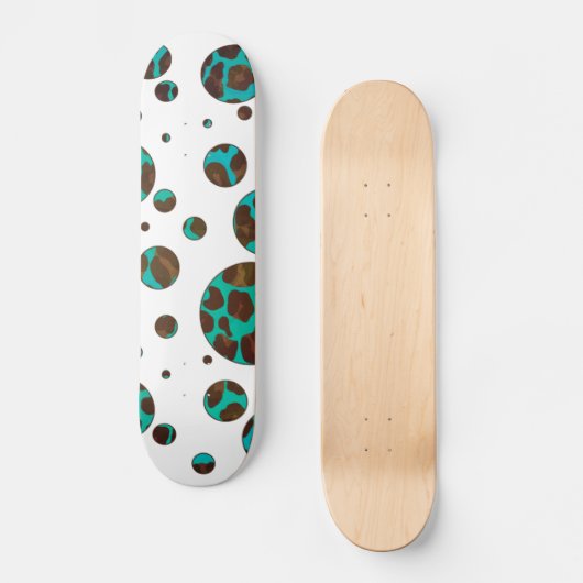 Leopard Brown und Aquamarin PrintPolka Dots Skateboard (Vorderseite)