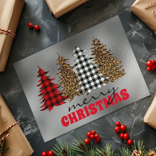 Leopard Buffalo Karierter Weihnachtsbaum Silver Karte