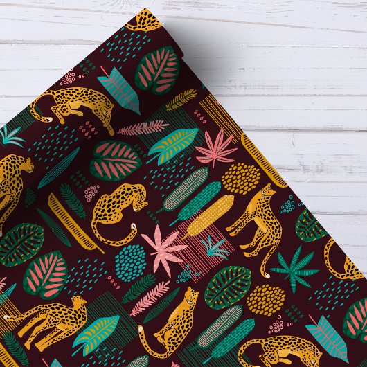 Leopard Cats Tropisches Lila Dschungelmuster Geschenkpapier