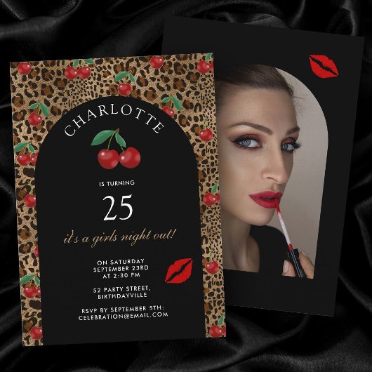 Leopard Cheetah Animal Print Cherry Birthday Photo Einladung