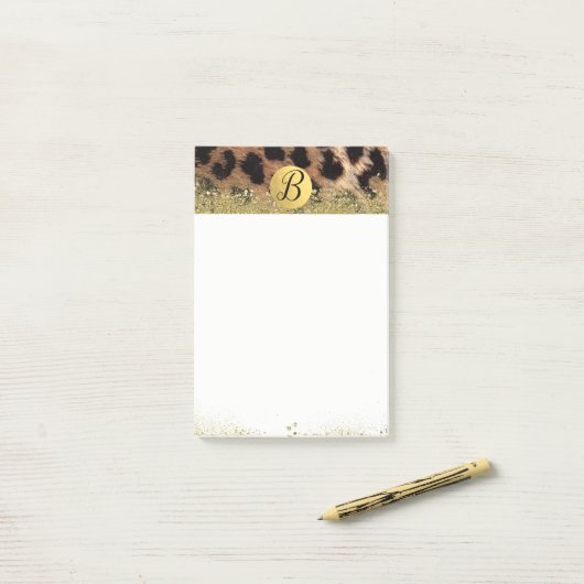 Leopard Cheetah Animal Print Gold Glitzer Monogram Post-it Klebezettel (Auf Schreibtisch)