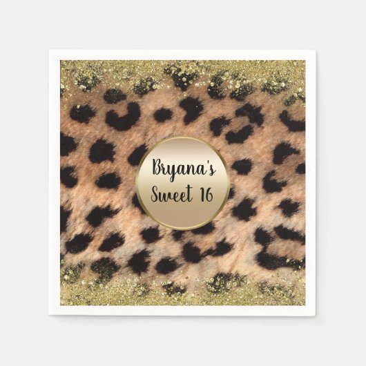 Leopard Cheetah Animal Print Gold Glitzer Monogram Serviette (Vorderseite)
