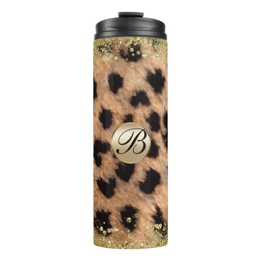 Leopard Cheetah Animal Print Gold Glitzer Monogram Thermosbecher (Vorderseite)