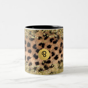 Leopard Cheetah Animal Print Gold Glitzer Monogram Zweifarbige Tasse