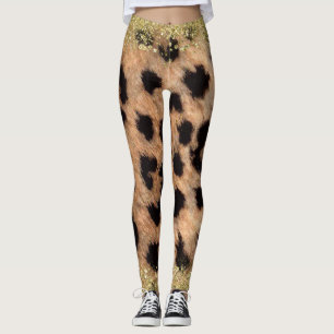 Leopard Cheetah Animal Print Gold Glitzer Trendy Leggings