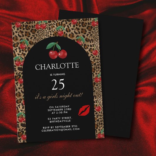 Leopard Cheetah Animal Print Red Cherry Birthday Einladung
