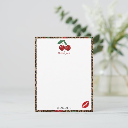 Leopard Cheetah Animal Print Red Cherry Pattern Dankeskarte (Stehend Vorderseite)