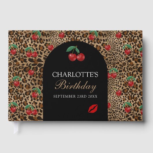 Leopard Cheetah Animal Print Red Cherry Pattern Gästebuch (Vorderseite)