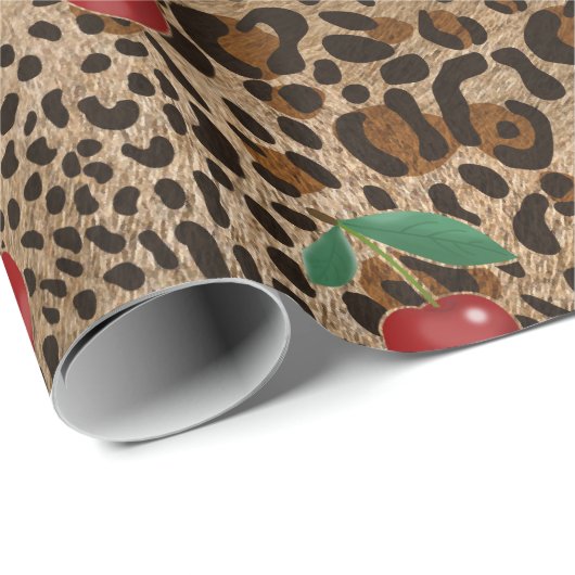 Leopard Cheetah Animal Print Red Cherry Pattern Geschenkpapier (Rolleneckpunkt)