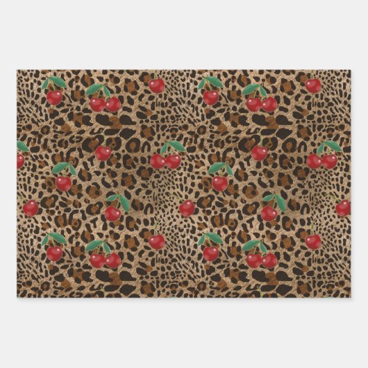 Leopard Cheetah Animal Print Red Cherry Pattern Geschenkpapier Set (Vorderseite 2)