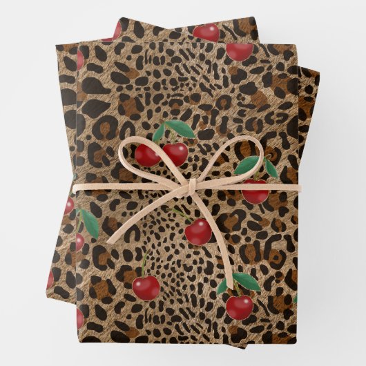 Leopard Cheetah Animal Print Red Cherry Pattern Geschenkpapier Set (Beispiel)
