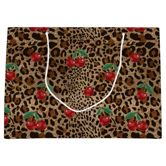 Leopard Cheetah Animal Print Red Cherry Pattern Große Geschenktüte (Vorderseite)