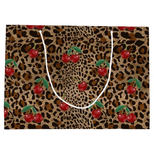 Leopard Cheetah Animal Print Red Cherry Pattern Große Geschenktüte (Rückseite)