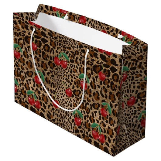 Leopard Cheetah Animal Print Red Cherry Pattern Große Geschenktüte (Rückseite Schrägansicht)