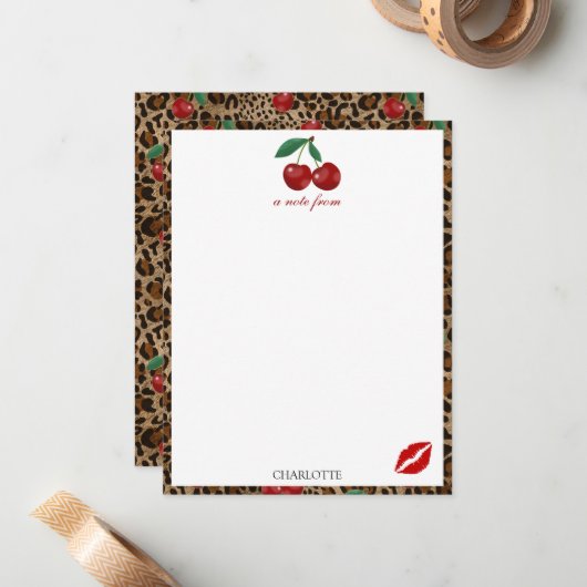 Leopard Cheetah Animal Print Red Cherry Pattern Mitteilungskarte (Vorderseite/Rückseite Beispiel)