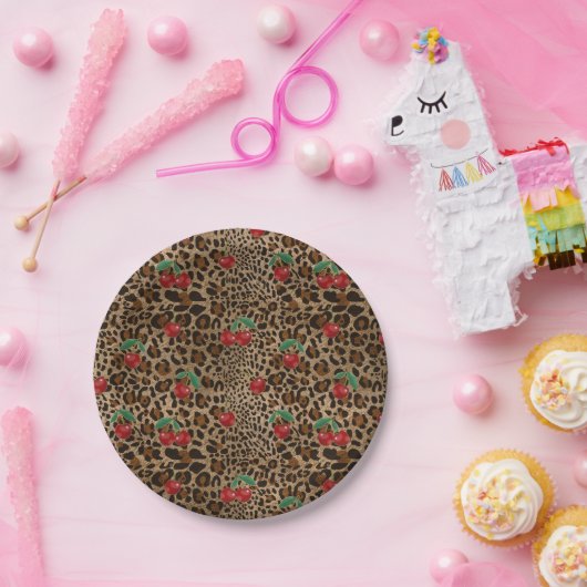 Leopard Cheetah Animal Print Red Cherry Pattern Pappteller (Party)