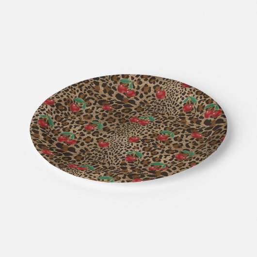 Leopard Cheetah Animal Print Red Cherry Pattern Pappteller (Schrägansicht)