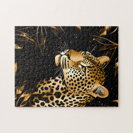 Leopard Cheetah Black Gold Jungle Safari Blätter Puzzle (Horizontal)