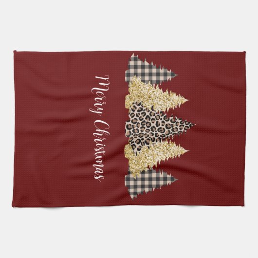 Leopard Cheetah Buffalo Karierte Weihnachtsbaumen Geschirrtuch (Horizontal)