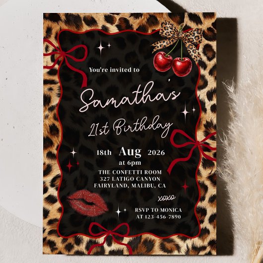 Leopard Cheetah Cherries Birthday Invitation Einladung
