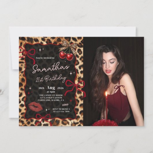 Leopard Cheetah Cherries Birthday Photo Invitation Einladung (Vorderseite)