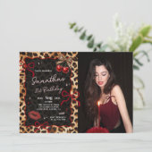 Leopard Cheetah Cherries Birthday Photo Invitation Einladung (Stehend Vorderseite)
