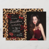 Leopard Cheetah Cherries Birthday Photo Invitation Einladung (Vorne/Hinten)