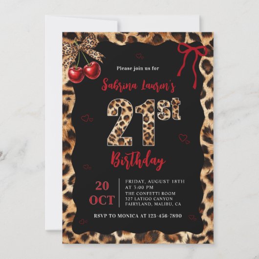 Leopard Cheetah Cherry 21st Birthday Invitation Einladung (Vorderseite)