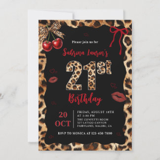 Leopard Cheetah Cherry 21st Birthday Invitation Einladung