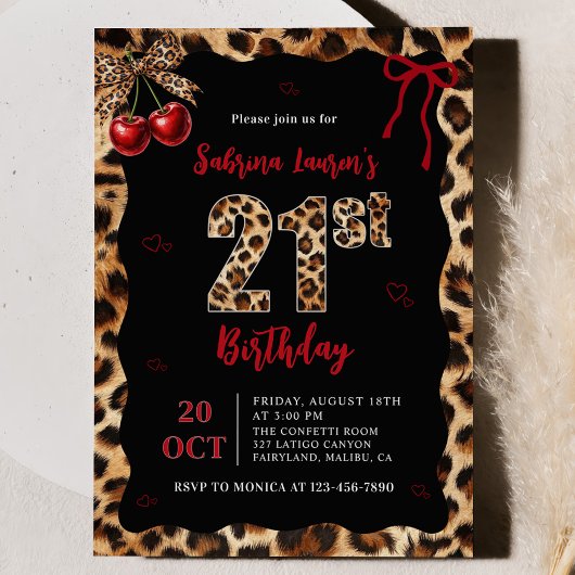 Leopard Cheetah Cherry 21st Birthday Invitation Einladung