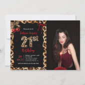 Leopard Cheetah Cherry 21st Birthday Photo Einladung (Vorderseite)