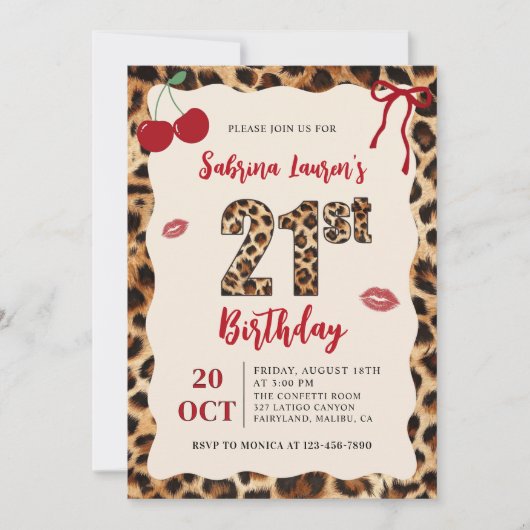 Leopard Cheetah Cherry Birthday Einladung (Vorderseite)