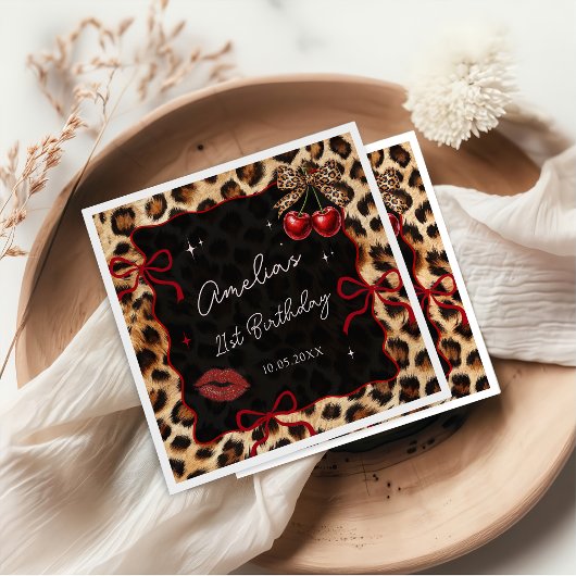 Leopard Cheetah Cherry Birthday Party Napkins Serviette