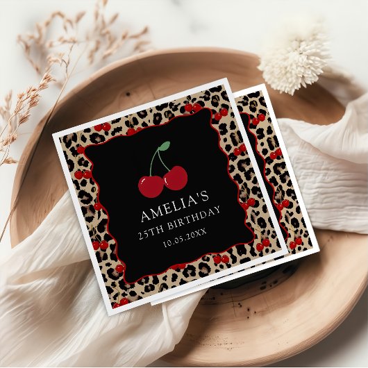 Leopard Cheetah Cherry Birthday Party Napkins Serviette