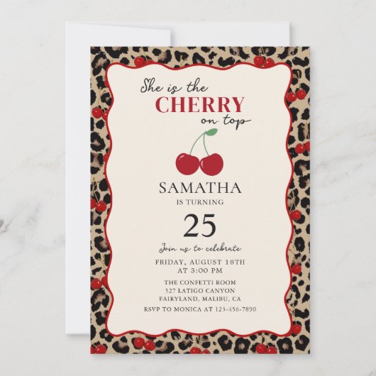 Leopard Cheetah Cherry On Top Birthday Invitation Einladung (Vorderseite)