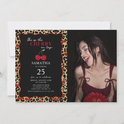 Leopard Cheetah Cherry On Top Birthday Photo Einladung (Vorderseite)