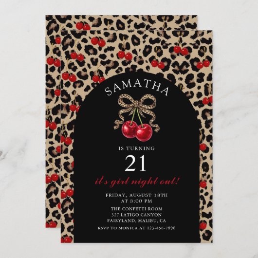 Leopard Cheetah Coquette Cherry Birthday Einladung (Vorne/Hinten)