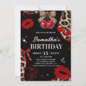 Leopard Cheetah Coquette Cherry Birthday Einladung (Vorderseite)