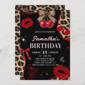 Leopard Cheetah Coquette Cherry Birthday Einladung (Vorne/Hinten)